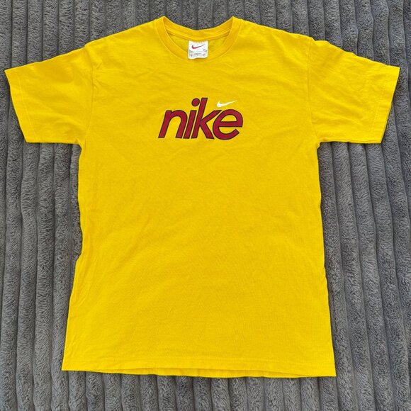 Vintage Nike Yellow Short Sleeve T-Shirt With Red Logo Graphic Made in the USA - Picture 1 of 4